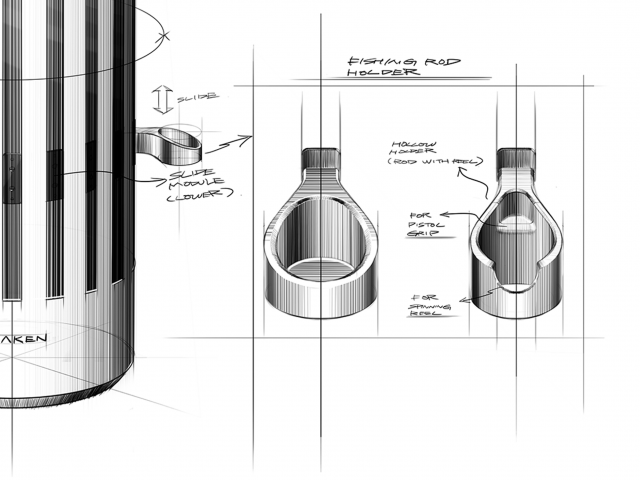 hand-drawings-of-product-Kraken-in-side-view-product-is-in-shape-of-tapered-cylinder-with-slats