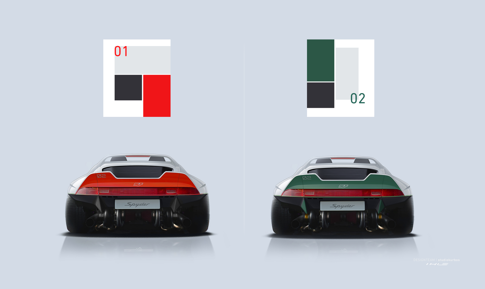 Two-views-of-a-sports-car-from-rear-left-is-the-car-red-white-right-green-white-above-are-four-corners-the-color-palette
