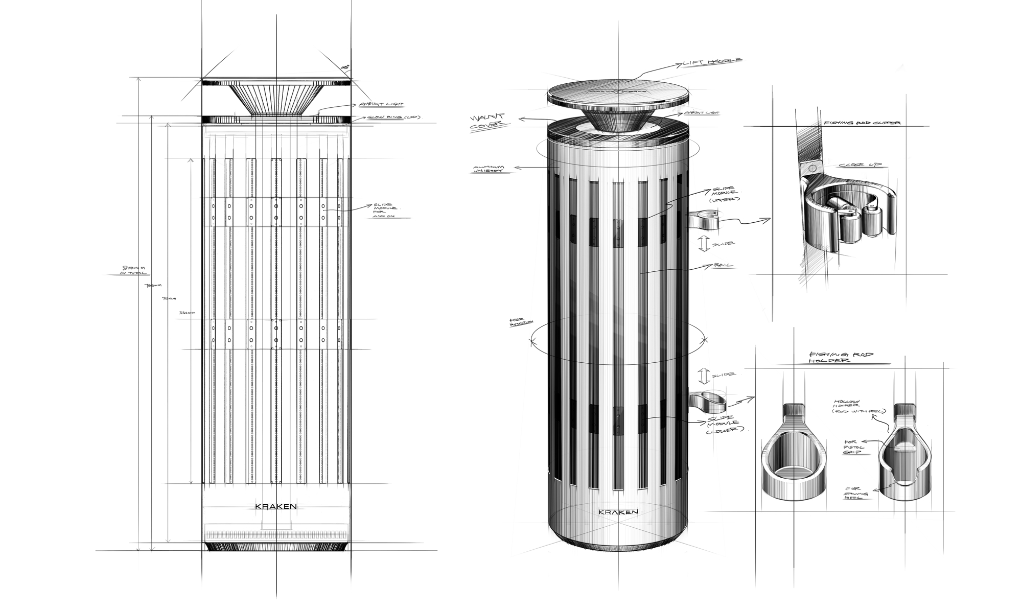 hand-drawings-of-product-Kraken -in-side-view-product-is-in-shape-of-tapered-cylinder-with-slats