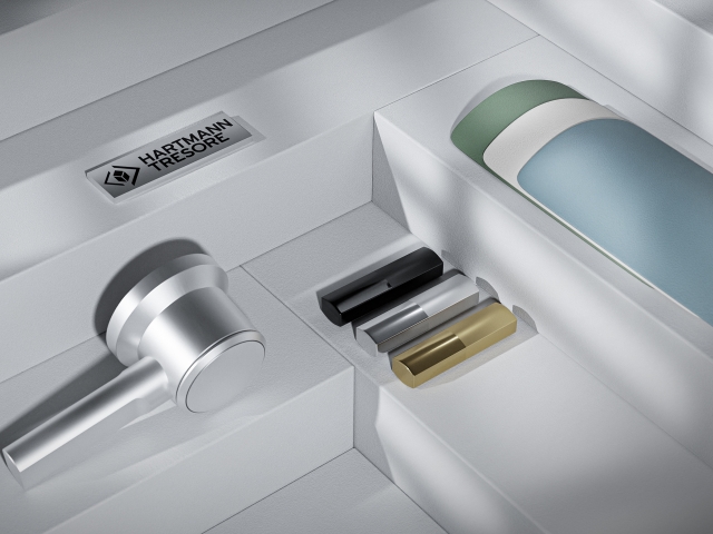 Material-mood-board-with-color-samples-matte-and-glossy-the-Hartmann-logo-and-safe-lever