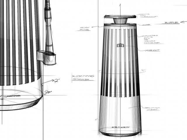 hand-drawings-of-product-Kraken -in-side-view-product-is-in-shape-of-tapered-cylinder-with-slats