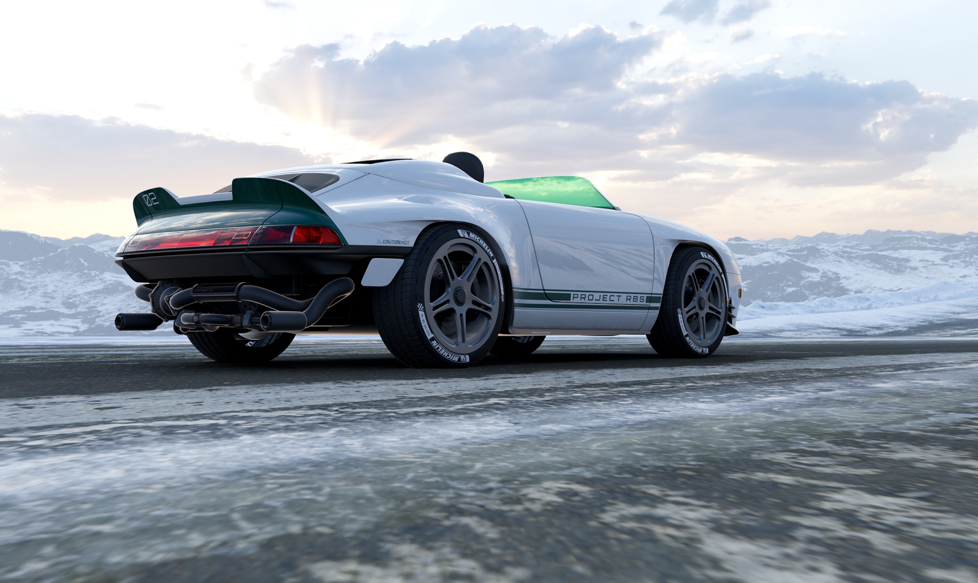 Rendering-of-a-green-and-white-sports-car-on-the-vereign-road