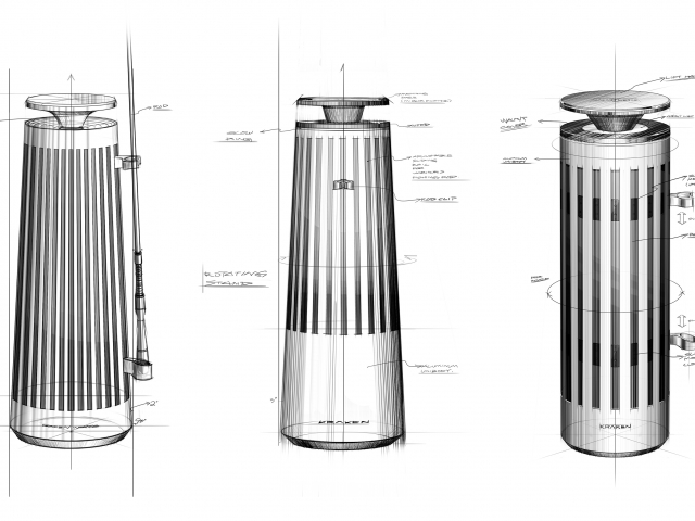 hand-drawings-of-product-Kraken -in-side-view-product-is-in-shape-of-tapered-cylinder-with-slats