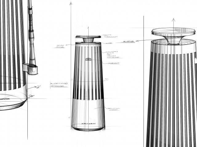 hand-drawings-of-product-Kraken -in-side-view-product-is-in-shape-of-tapered-cylinder-with-slats